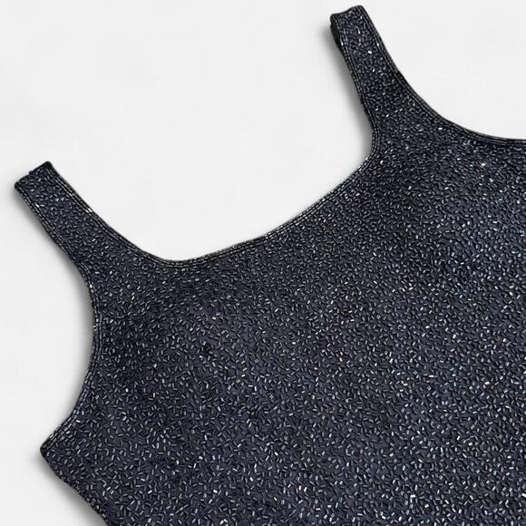 VTG Y2K Cache Black Silk Beaded Sparkly Goth Glam Tank Top with Padding M/S - Picture 6 of 8